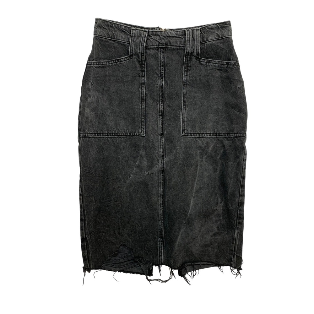 We The Free Skirt Womens 2 Black Denim Distressed High Waisted Midi Pockets